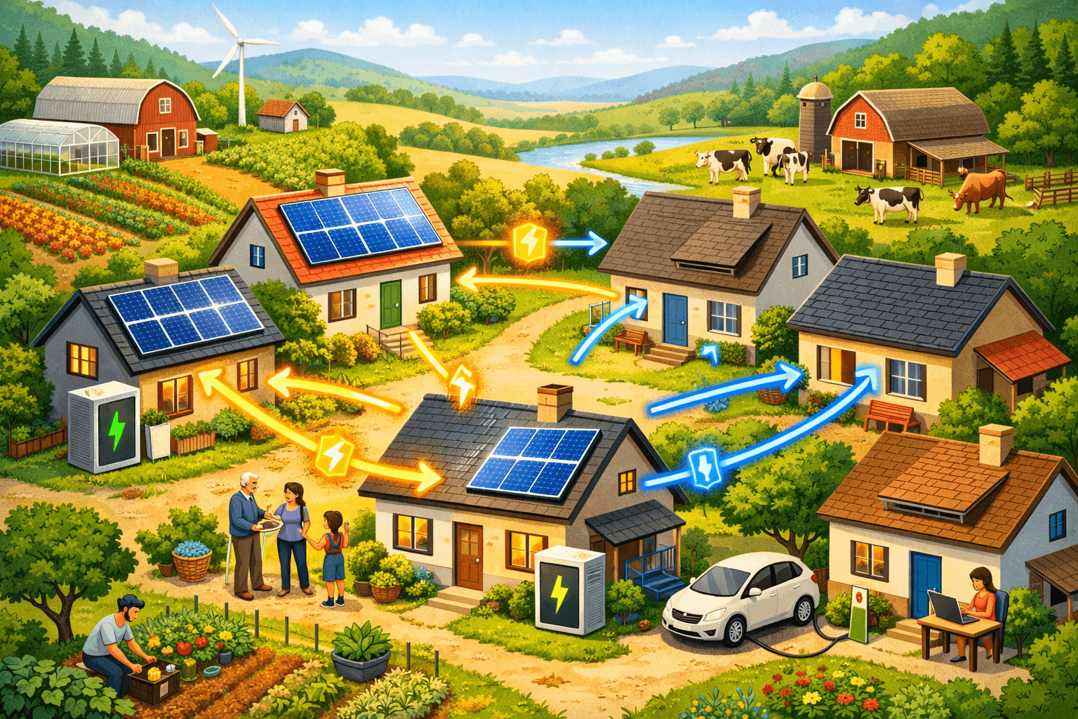 Autoconsommation collective : partage d'électricité entre voisins dans un village avec panneaux solaires